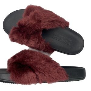 Victorias Secret PINK Slides‎ Faux Fur Ruby Criss Cross Flip Flop Sandals S 5/6